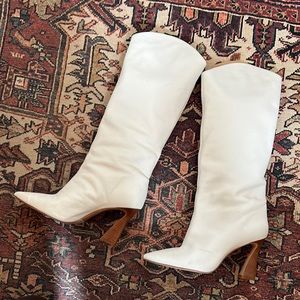 Schutz Maryana Stack Flare Leather Boots Size 8 in white / Pearl